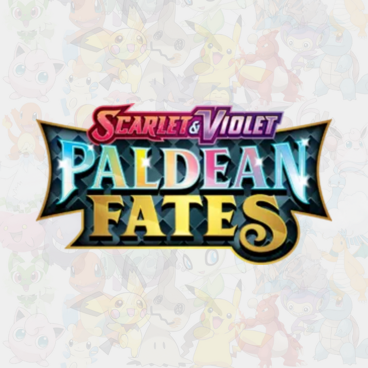 Scarlet & Violet Paldean Fates-logga för Pokémon TCG i blått och guld.