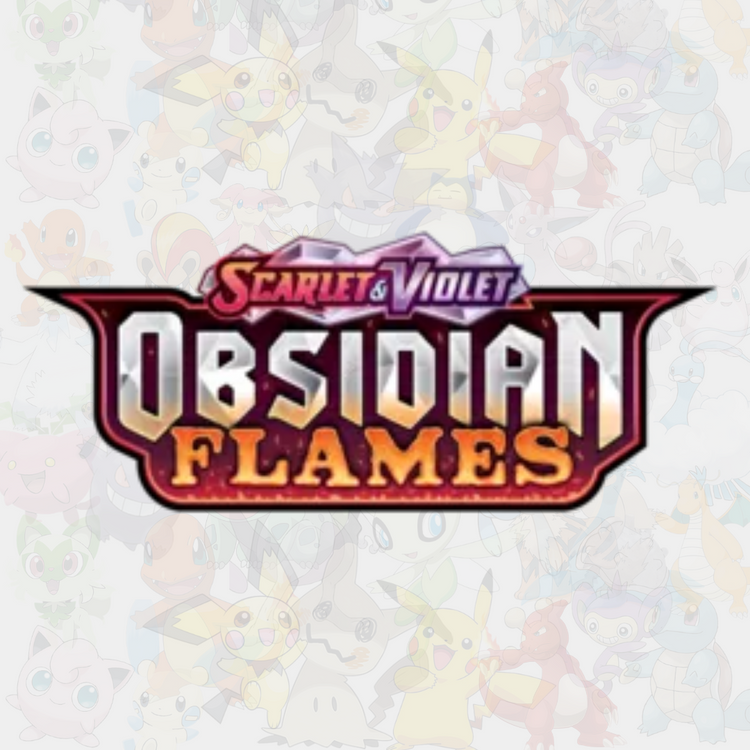 Scarlet & Violet Obsidian Flames-logga för Pokémon TCG i röda och orange färger.