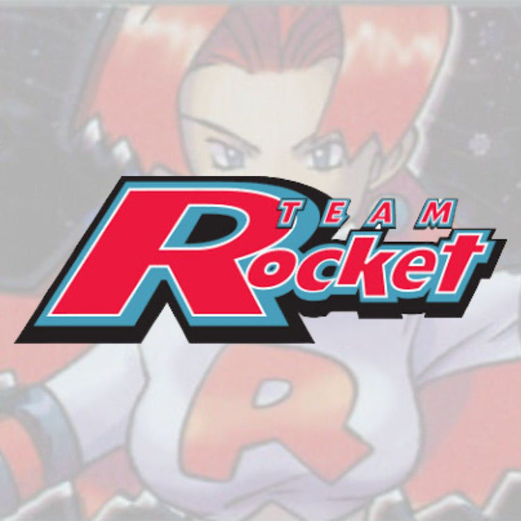 Logotyp för Pokémon TCG Team Rocket Set med röd och svart design på en skurkaktig bakgrund.