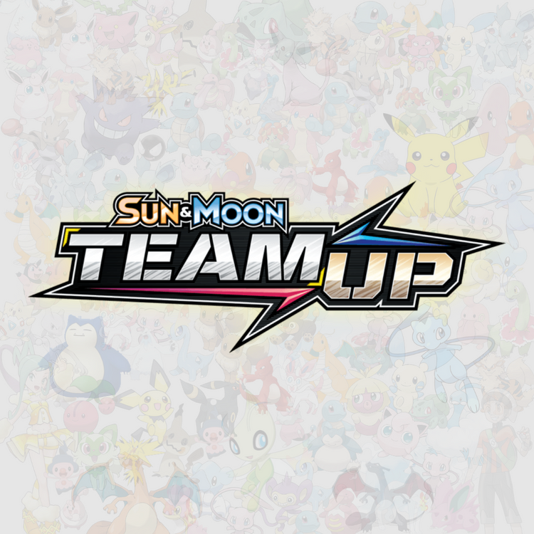 Sun & Moon Team Up-logga för Pokémon TCG med Tag Team Pokémon som Pikachu & Zekrom-GX.