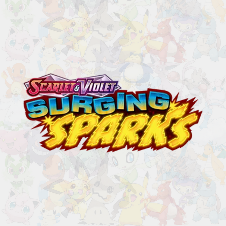 Scarlet & Violet Surging Sparks-logga för Pokémon TCG i blått och gult.