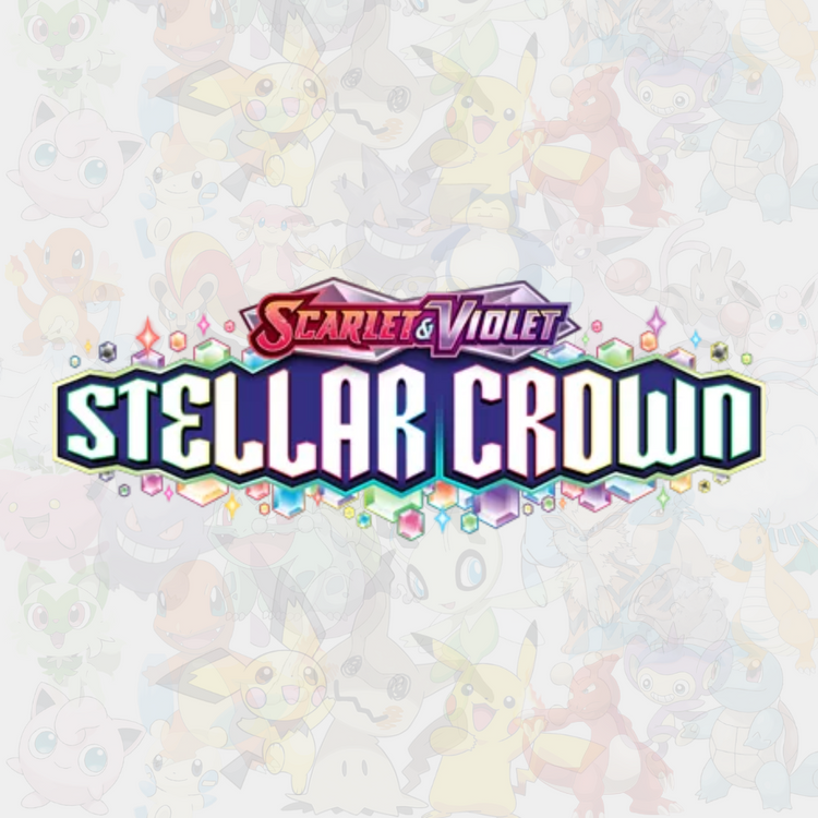 Scarlet & Violet Stellar Crown-logga för Pokémon TCG i vita och blå färger med inslag utav rosa, gult, grönt & lila.