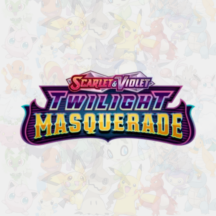 Scarlet & Violet Twilight Masquerade-logga för Pokémon TCG i lila och gula färger.