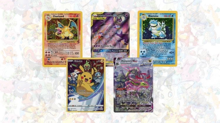 Pokémonkort, innehåller Alakazam, Ancient Mew, Shining Mewtwo, Charizard Ex & Rayquaza VMAX.