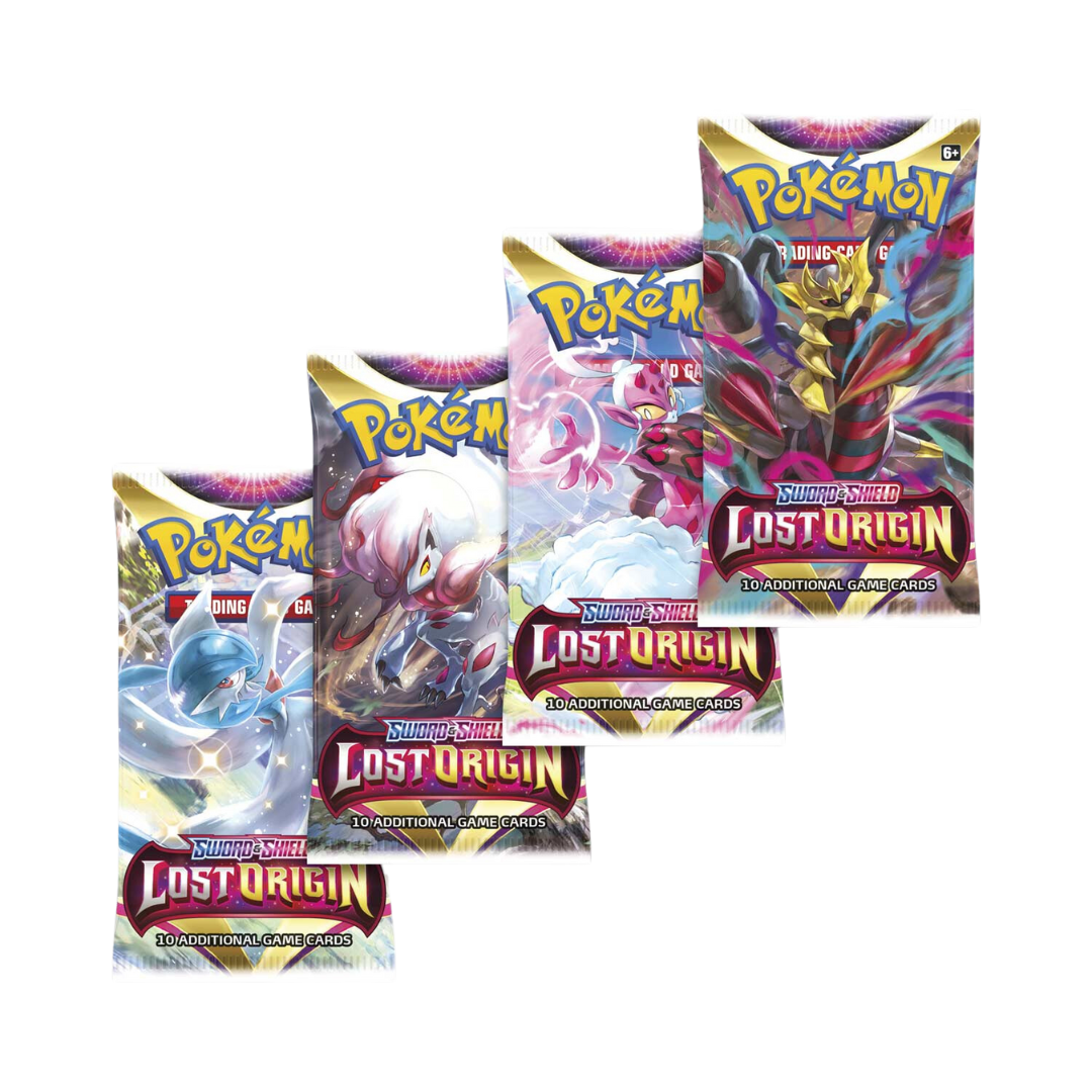 Pokémon Sword & Shield Lost Origin booster pack med 10 spelkort, illustrerat med mystiska Pokémon och fantasifulla designmotiv.