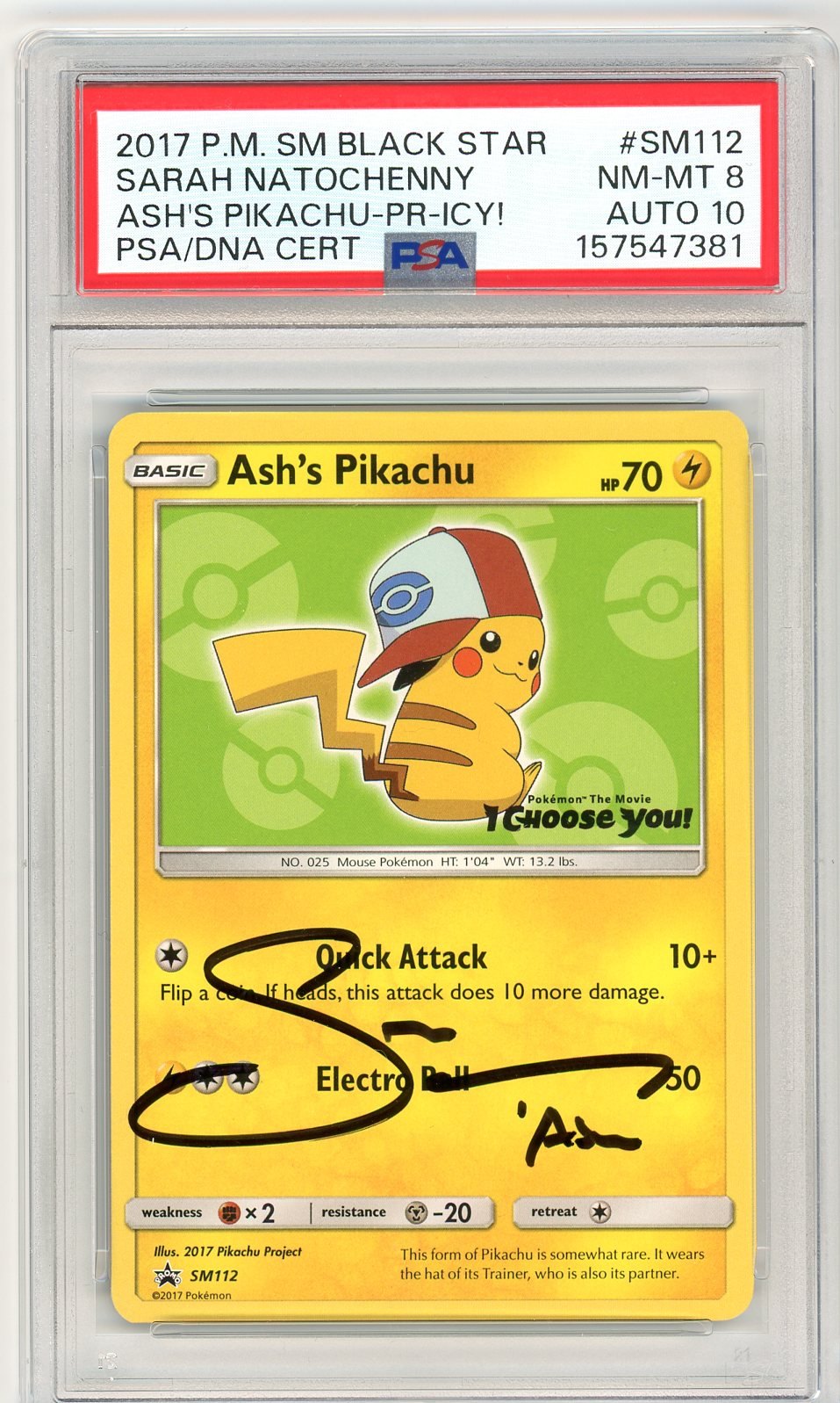 PSA 8 Ash's Pikachu Sarah Natochenny Signature SM112 - SM Black Star Promos