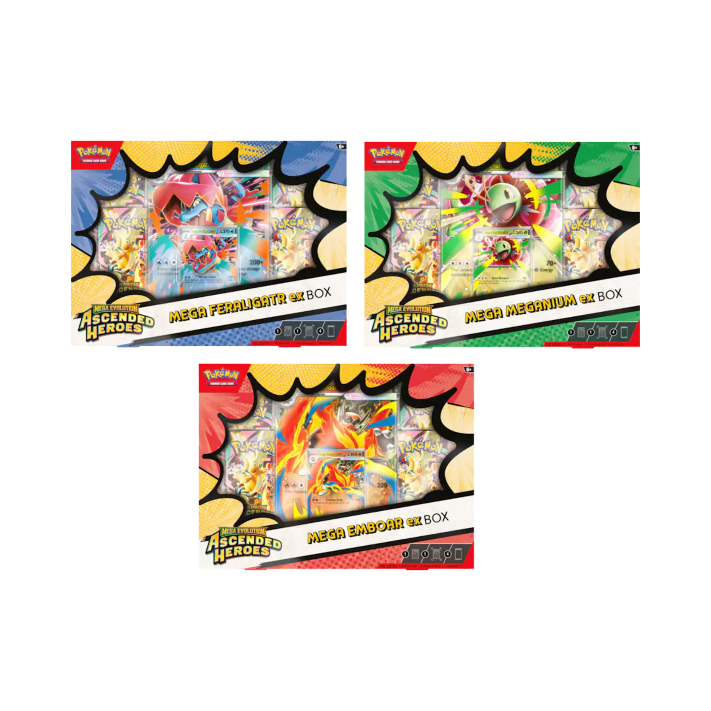 Pokémon Mega Evolution Ascended Heroes ex Box Collection med slumpmässigt artwork av Feraligatr ex, Meganium ex eller Emboar ex.