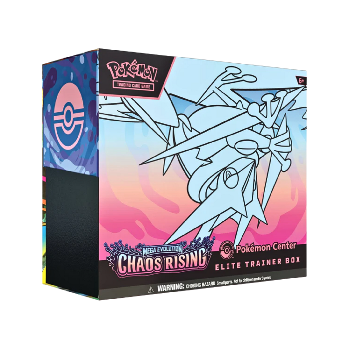 Pokémon Mega Evolution Pokémon Center Chaos Rising Elite Trainer Box med 11 booster packs och exklusivt Pokémon Center promo-kort.