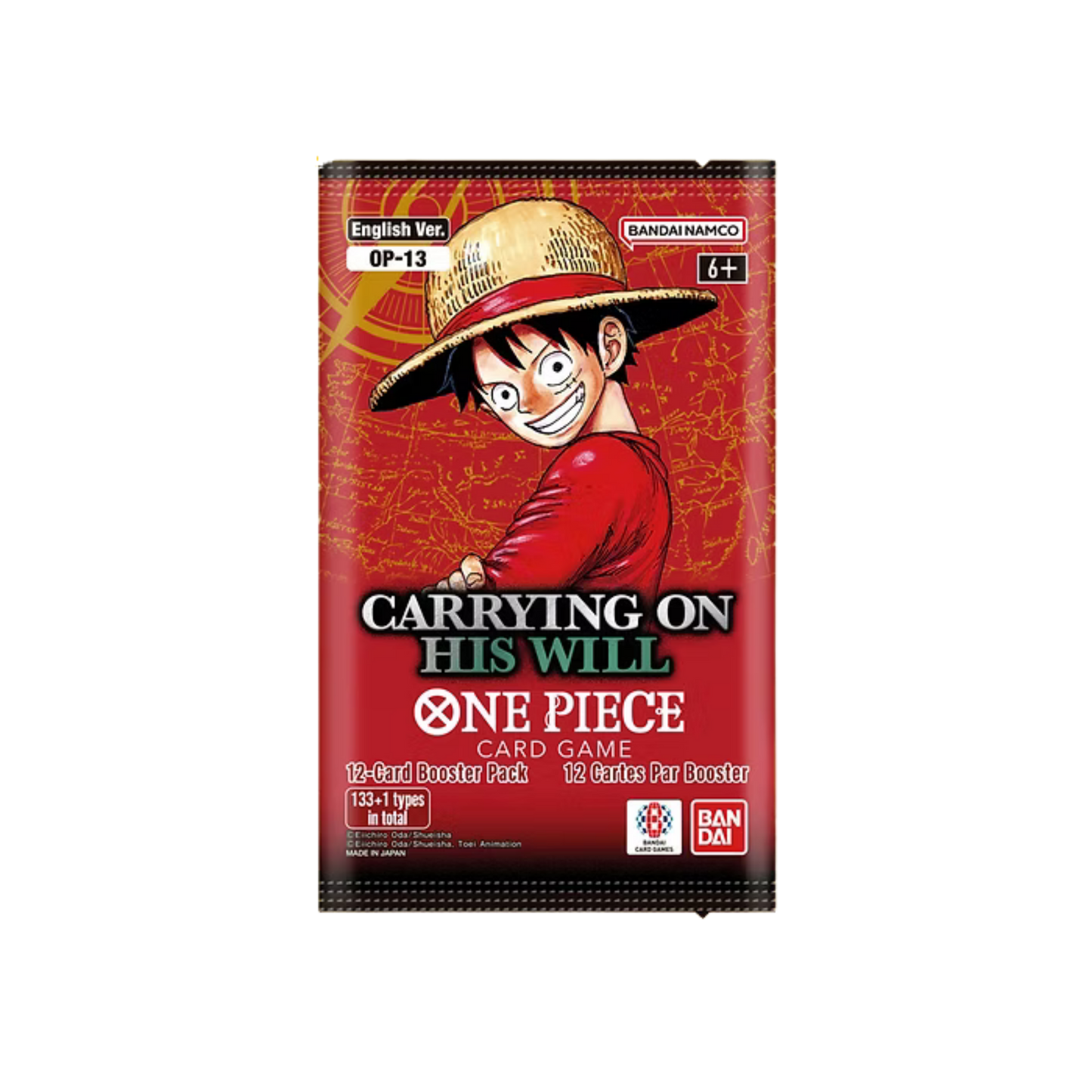 One Piece Card Game OP13 Carrying on His Will Booster Pack med 12 samlarkort.