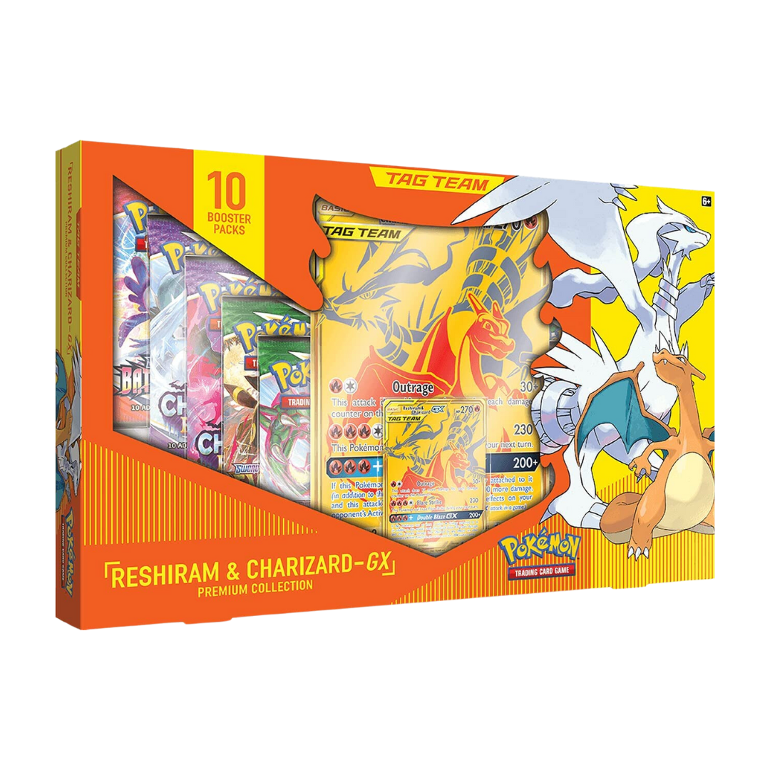 Pokémon TCG Tag Team Reshiram & Charizard GX Premium Collection Box i orange.