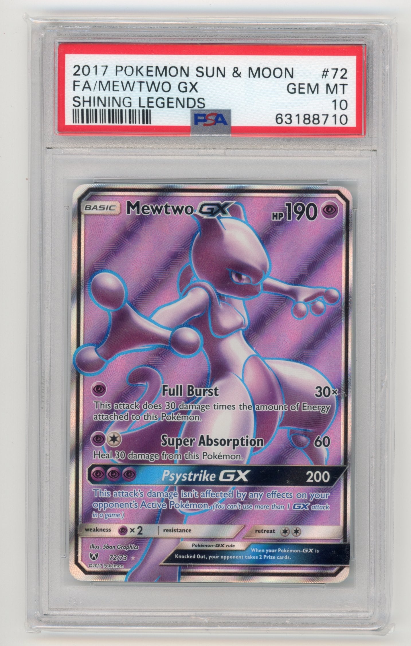 MewTwo GX - #72/73 PSA 10 - Pokémon Sun & Moon: Shining Legends