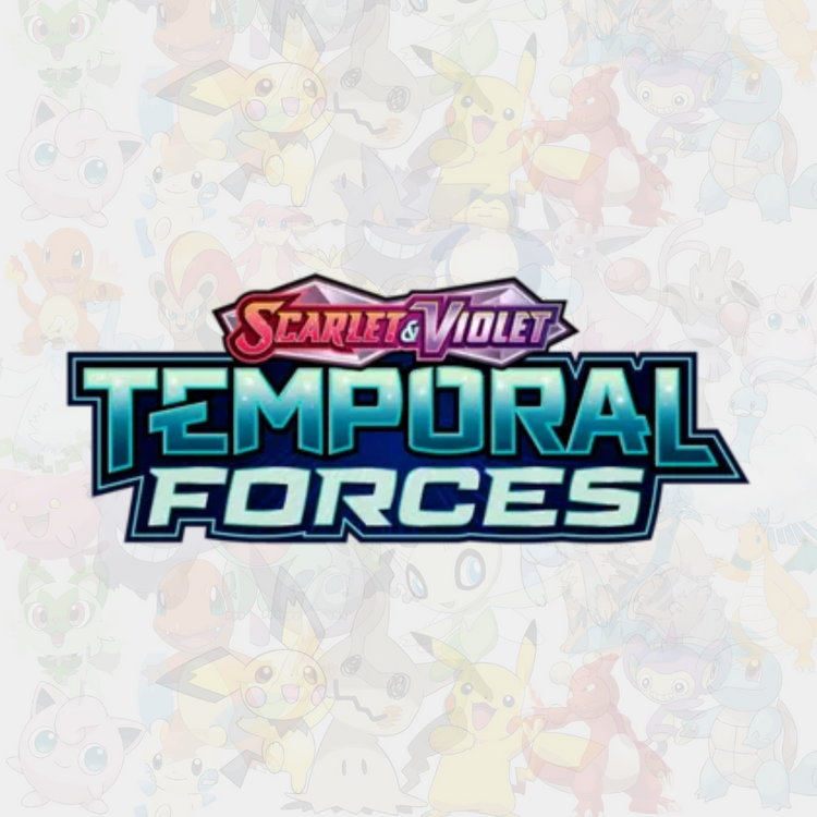 Scarlet & Violet Temporal Forces-logga för Pokémon TCG i blåa toner.