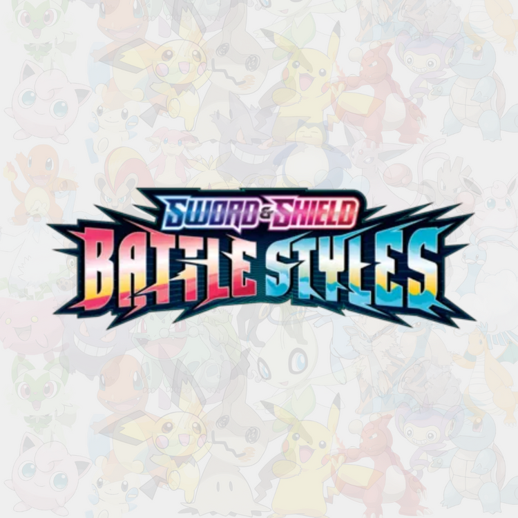 Logotyp för Pokémon TCG-setet Sword & Shield: Battle Styles, med en dynamisk, flerfärgad text i rött, blått och svart, mot en bakgrund av Pokémon-silhuetter.