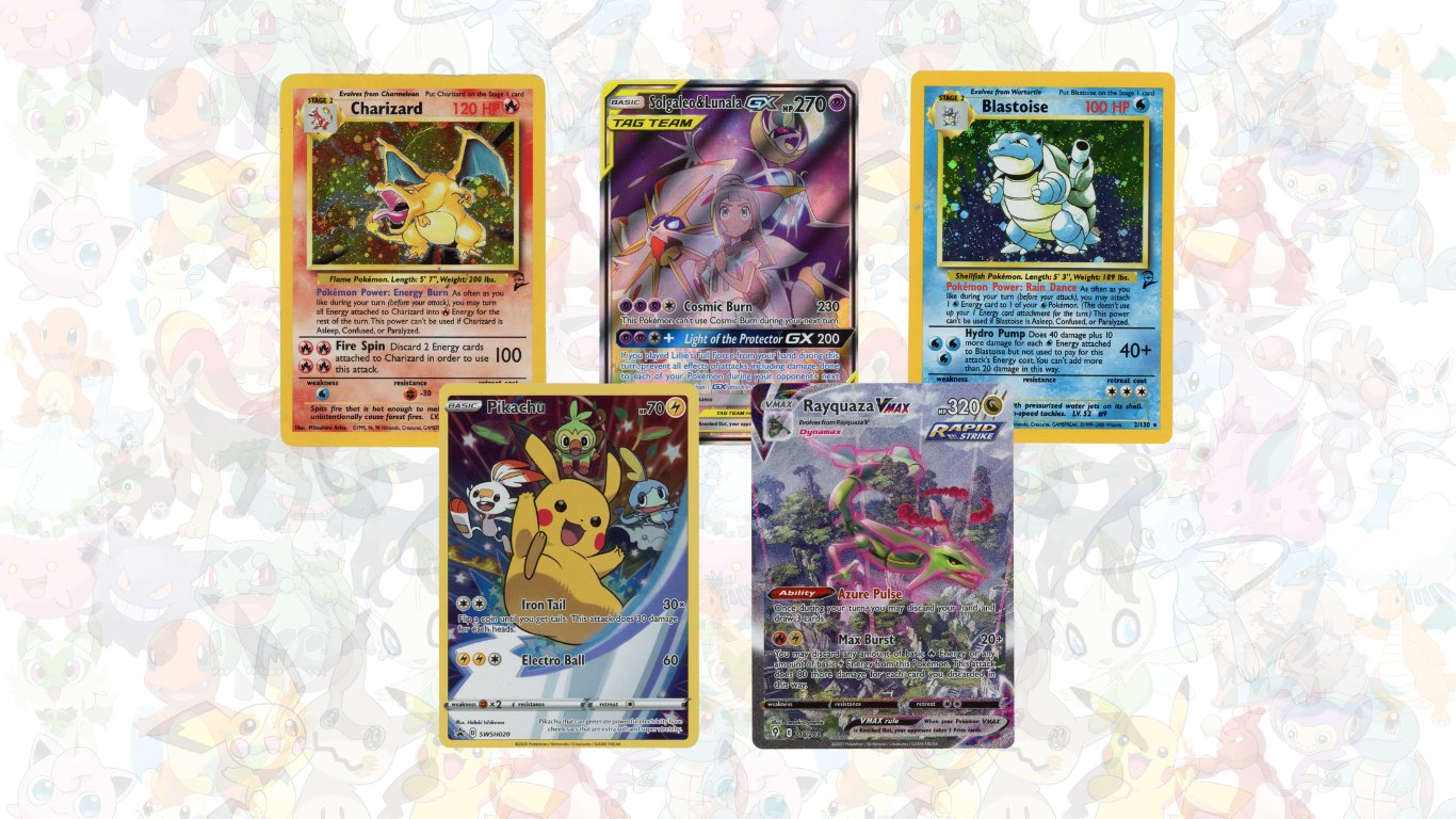 Pokémonkort, innehåller Alakazam, Ancient Mew, Shining Mewtwo, Charizard Ex & Rayquaza VMAX.