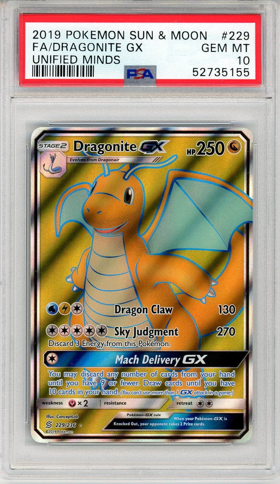 PSA 10 Dragonite-GX 229/236 - POKEMON SUN & MOON UNIFIED MINDS