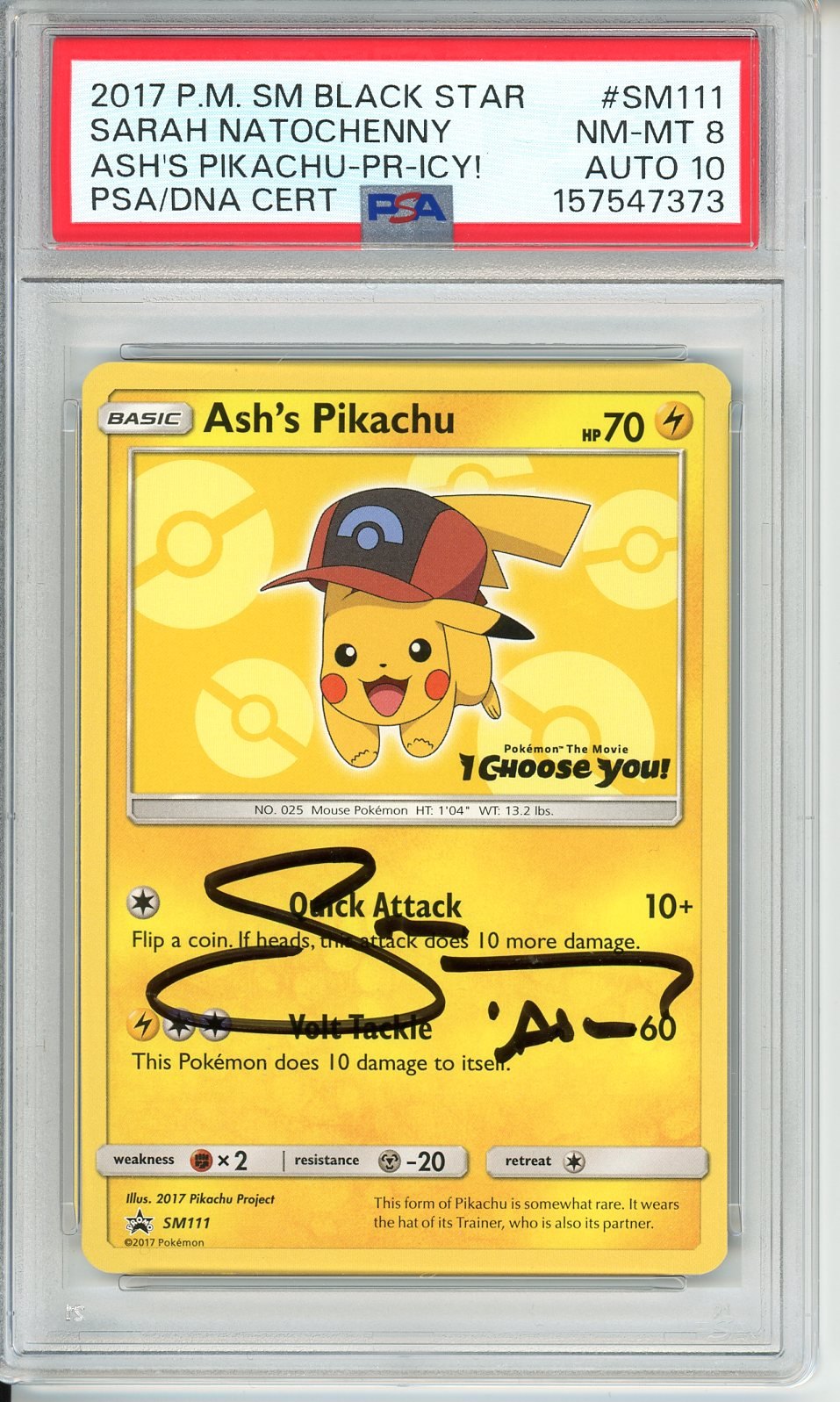 PSA 8 Ash's Pikachu Sarah Natochenny Signature SM111 - SM Black Star Promos