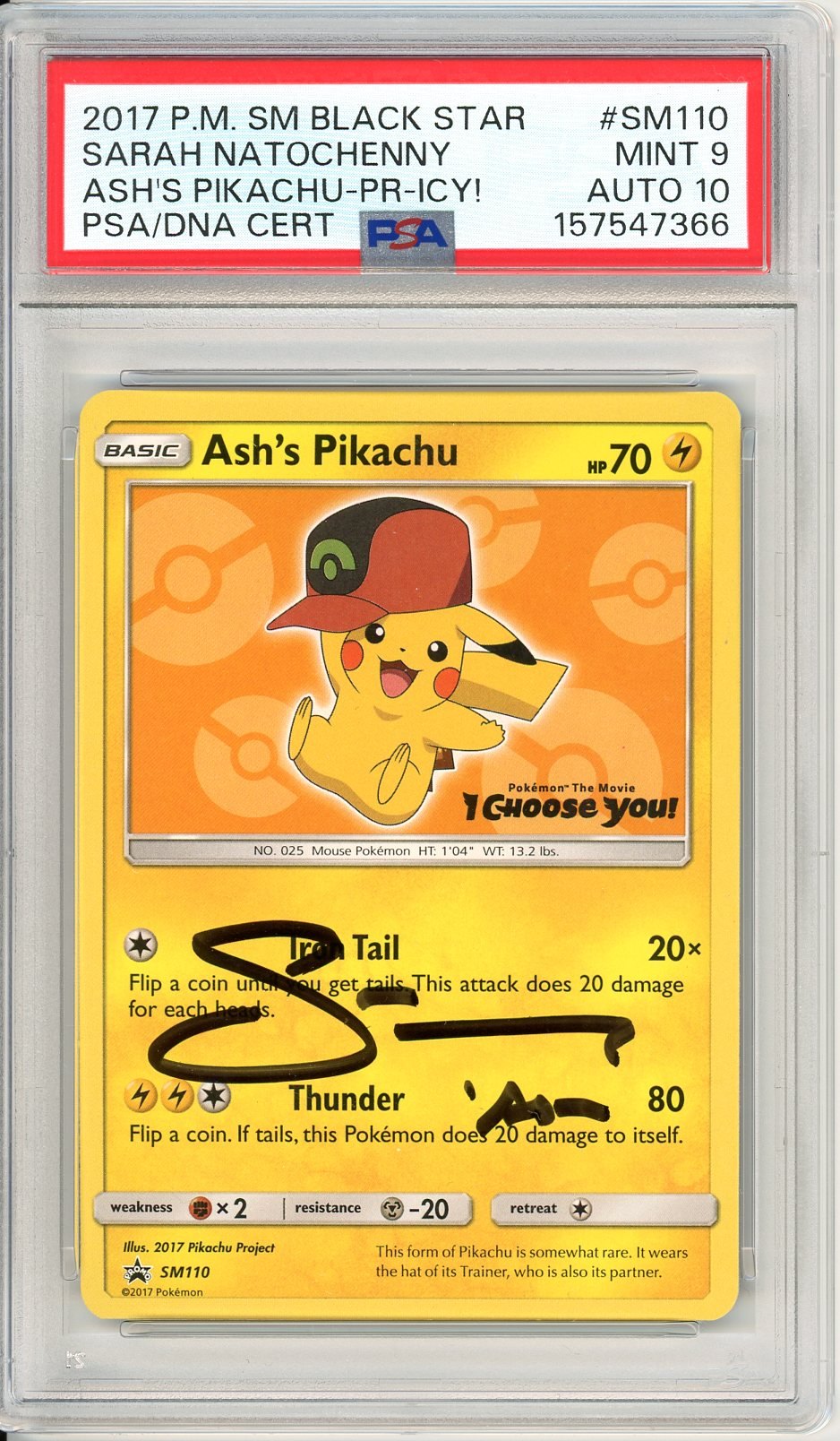 PSA 9 Ash's Pikachu Sarah Natochenny Signature SM110 - SM Black Star Promos