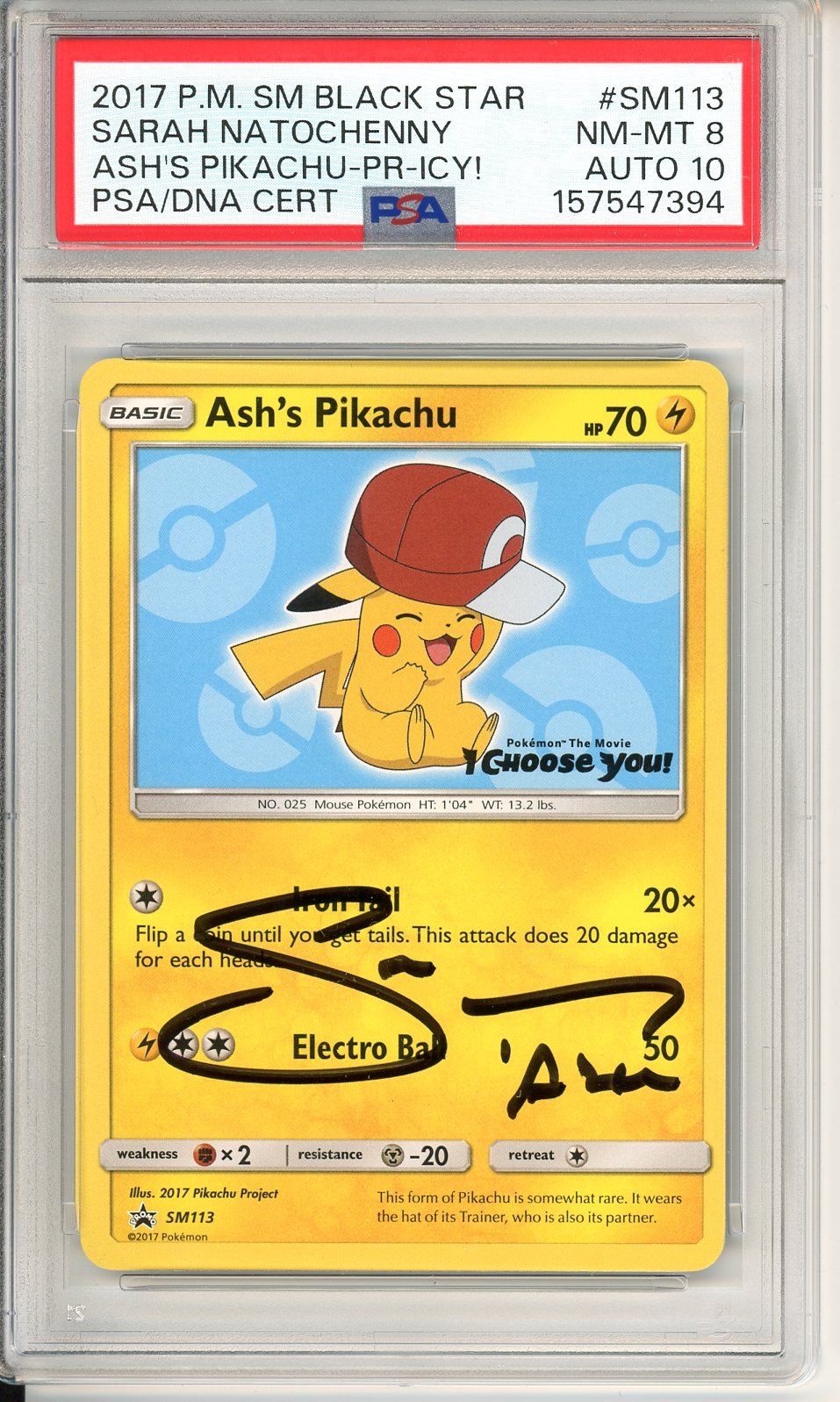PSA 8 Ash's Pikachu Sarah Natochenny Signature SM113 - SM Black Star Promos