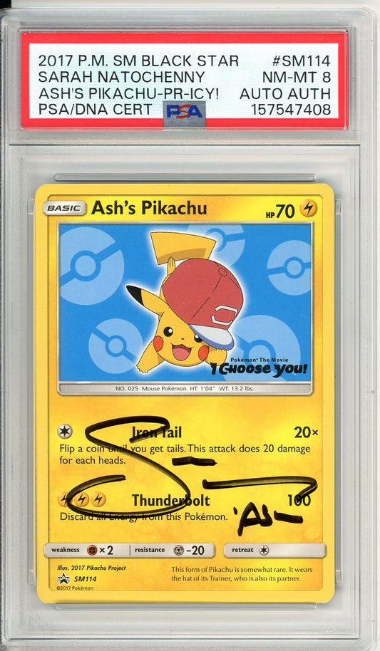 PSA 8 Ash's Pikachu Sarah Natochenny Signature SM114 - SM Black Star Promos