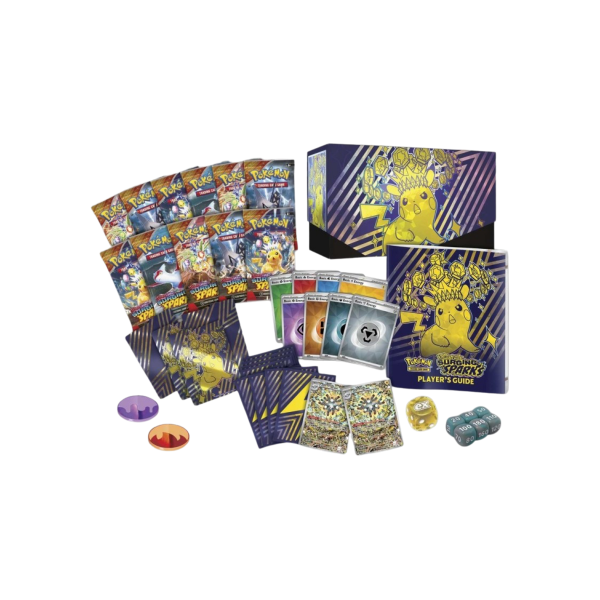 Innehåll i Surging Sparks Pokémon Center Elite Trainer Box