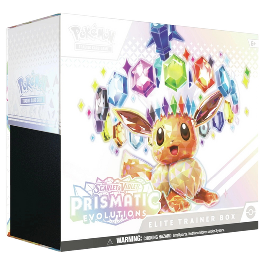 Elite Trainer Box från Scarlet & Violet Prismatic Evolutions med Eevee och exklusiva Pokémon TCG kort.