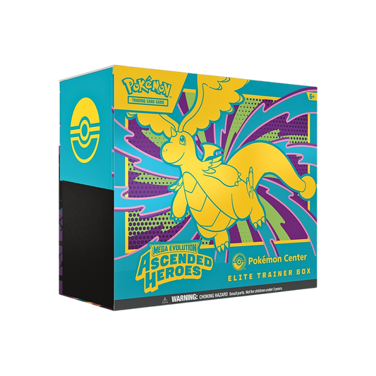 Pokémon Mega Evolution Pokémon Center Ascended Heroes Elite Trainer Box med 11 booster packs och exklusivt Pokémon Center promo-kort.