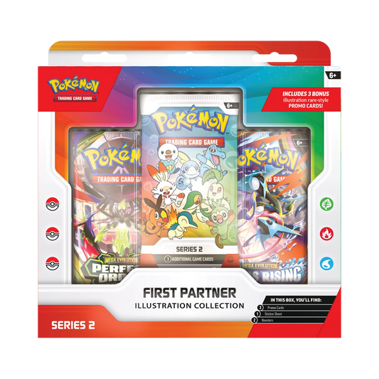 Pokémon TCG First Partner Illustration Collection Series 2 med exklusiva promo-kort och booster packs.