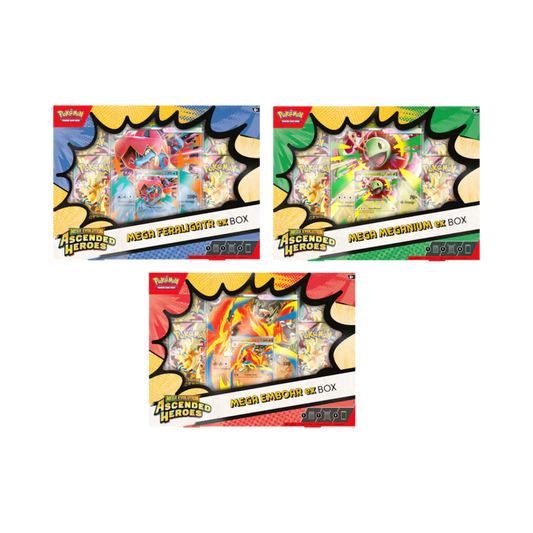 Pokémon Mega Evolution Ascended Heroes ex Box Collection med slumpmässigt artwork av Feraligatr ex, Meganium ex eller Emboar ex.