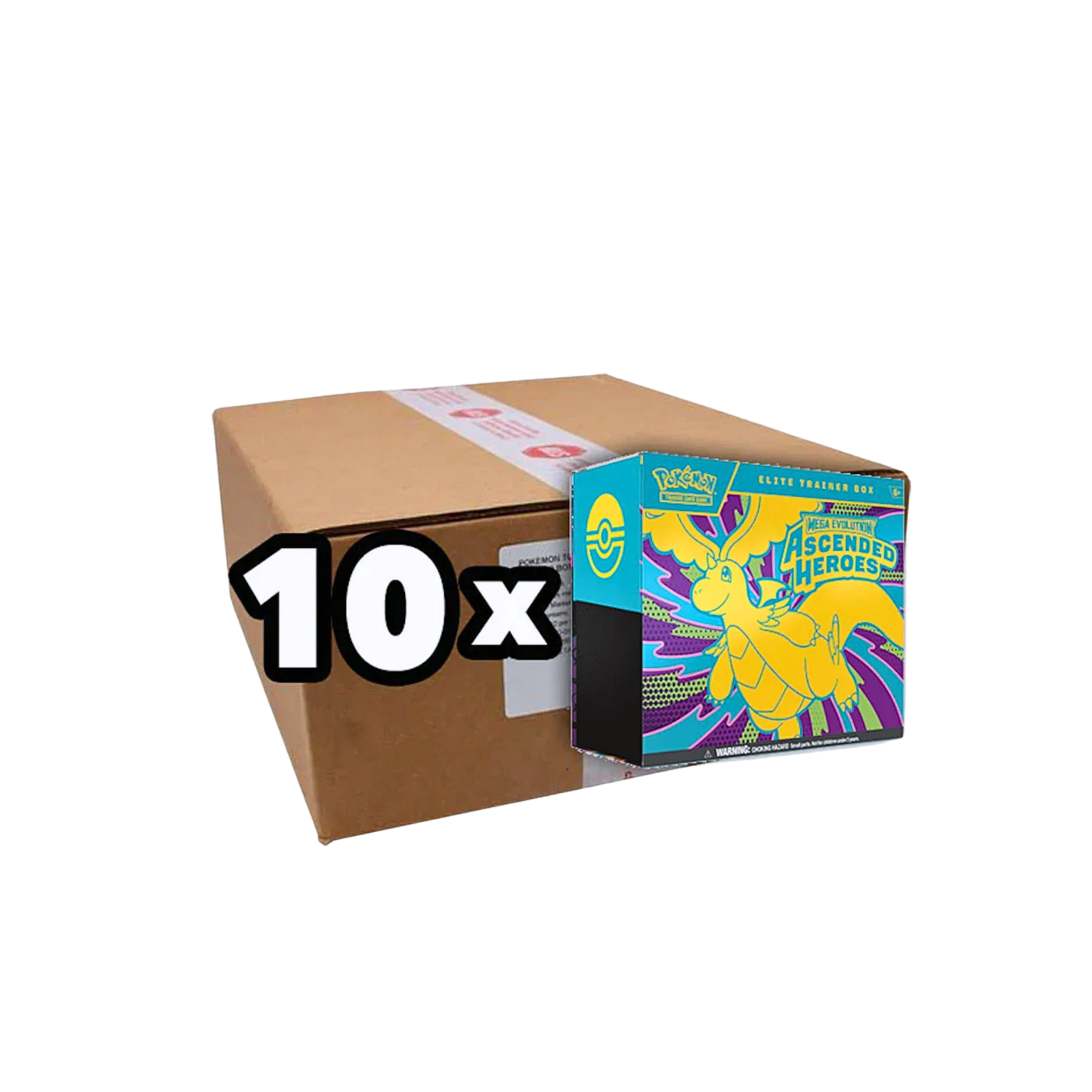 Pokémon Mega Evolution Ascended Heroes Elite Trainer Box Sealed Case med 10 fabriksförseglade Elite Trainer Boxes.