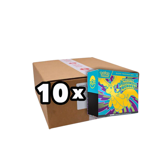 Pokémon Mega Evolution Ascended Heroes Elite Trainer Box Sealed Case med 10 fabriksförseglade Elite Trainer Boxes.