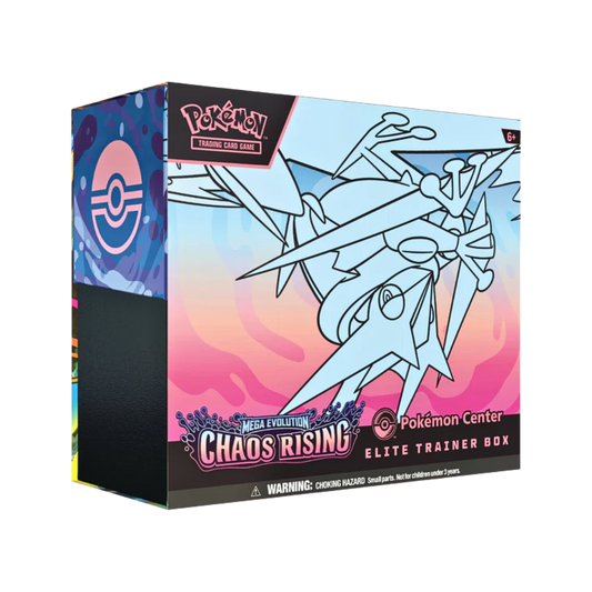 Pokémon Mega Evolution Pokémon Center Chaos Rising Elite Trainer Box med 11 booster packs och exklusivt Pokémon Center promo-kort.