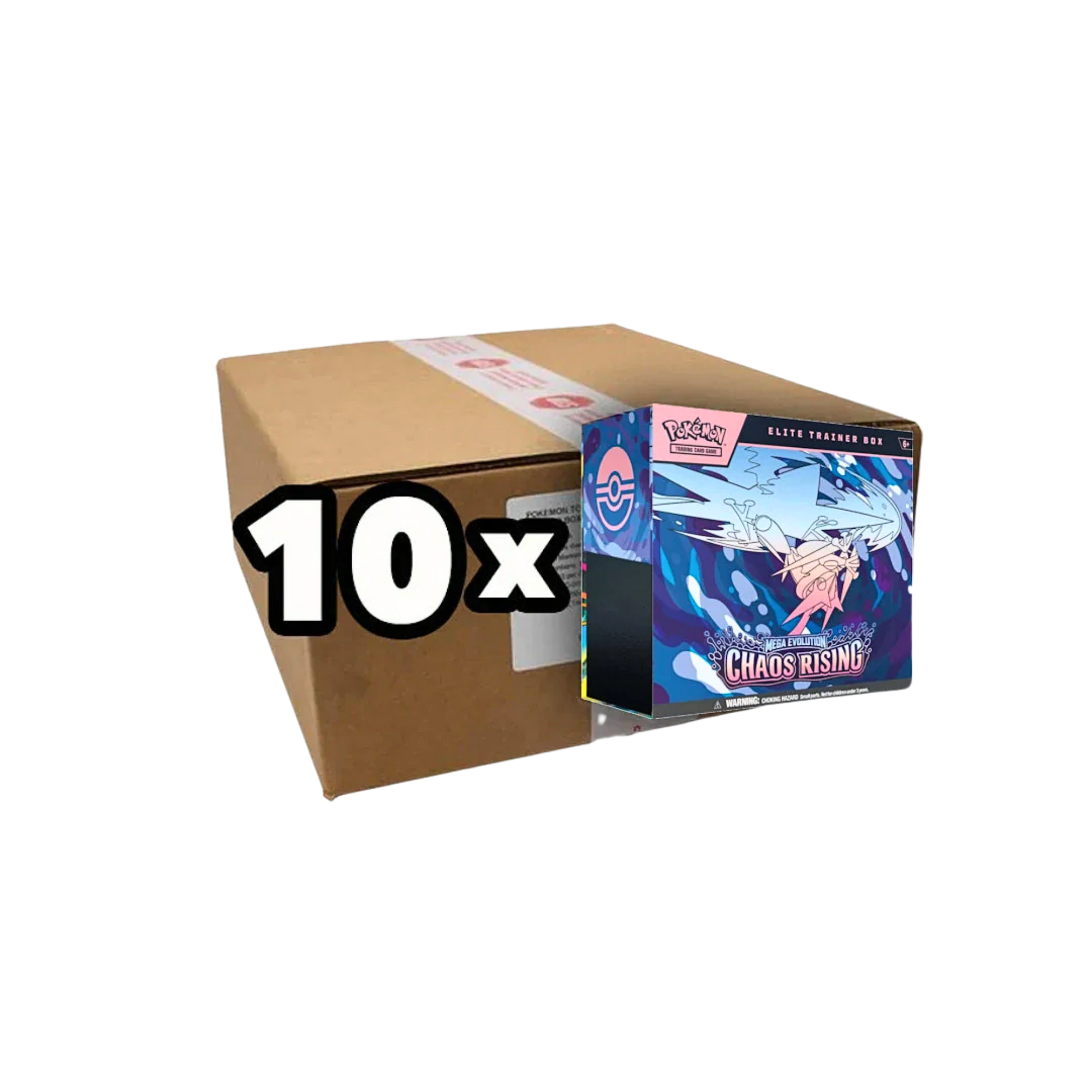 Pokémon Mega Evolution Chaos Rising Elite Trainer Box Sealed Case med 10 fabriksförseglade Elite Trainer Boxes.