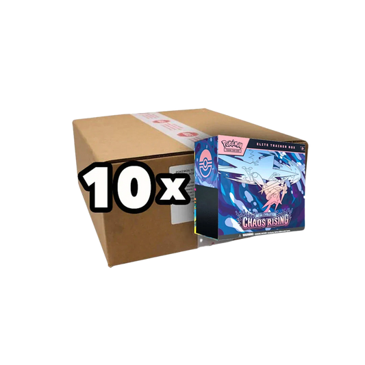 Pokémon Mega Evolution Chaos Rising Elite Trainer Box Sealed Case med 10 fabriksförseglade Elite Trainer Boxes.