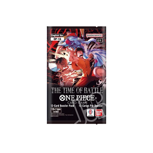 One Piece TCG OP16 The Time of Battle Booster Pack med 12 engelska One Piece Card Game-kort.