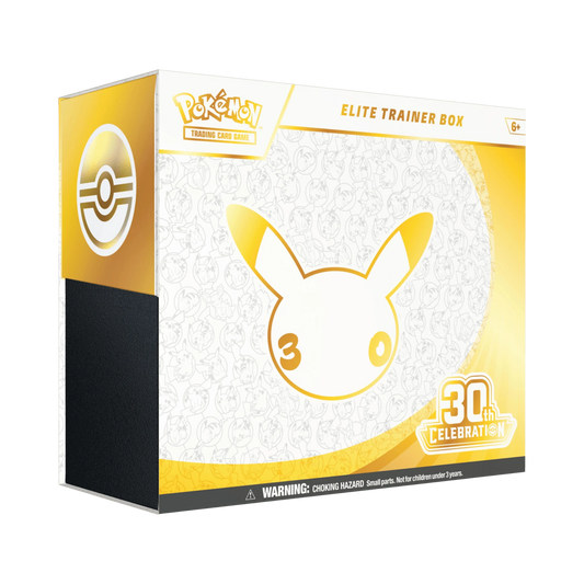 Pokémon TCG 30th Celebration Elite Trainer Box med 9 booster packs och exklusivt Nidorina promo-kort.