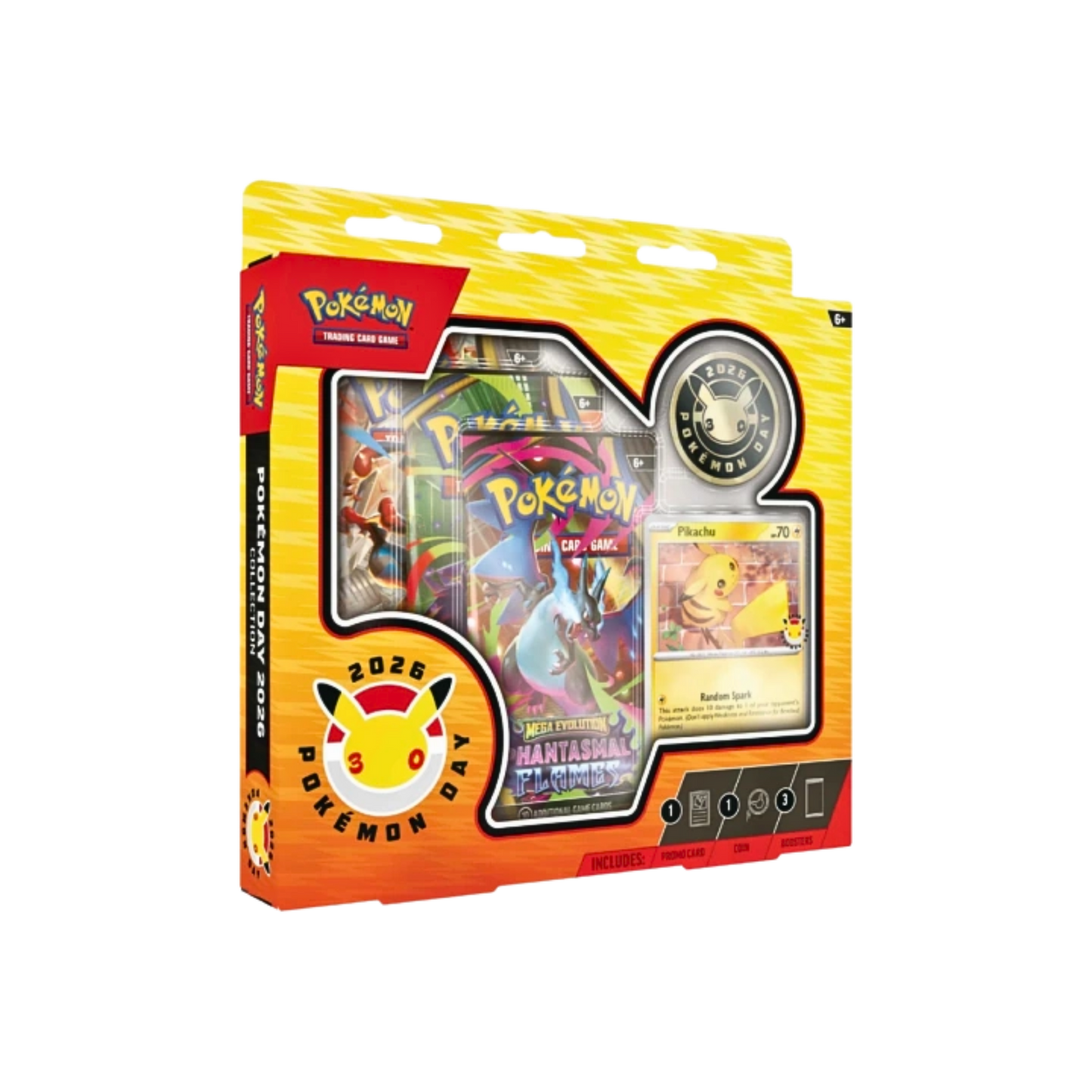 Pokémon Day 2026 Collection Box med 2 Phantasmal Flames booster packs, 1 Mega Base booster pack, Pikachu promo card och Pokémon Day samlarmynt.