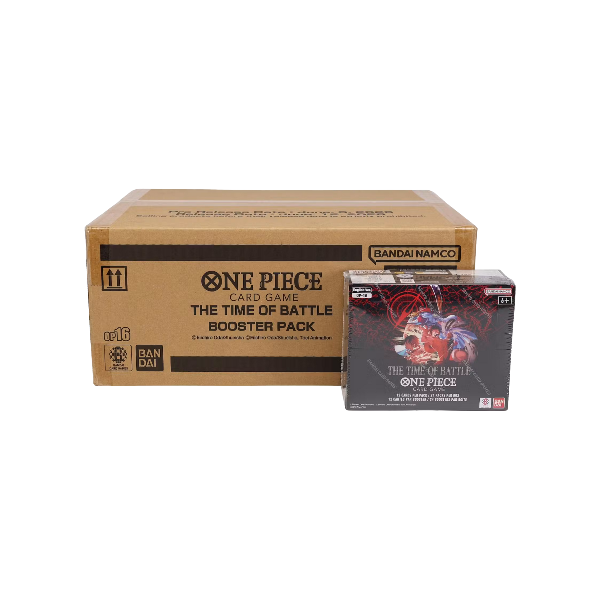 One Piece Card Game OP-16 The Time of Battle Booster Box Sealed Case med 12 fabriksförseglade Booster Boxes.