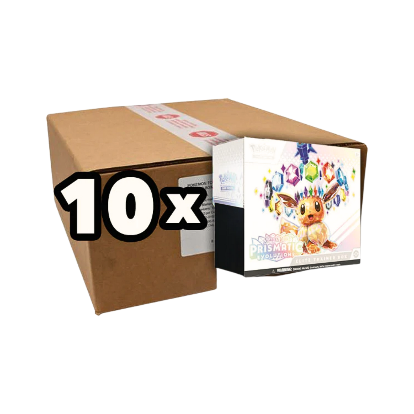 Pokémon Scarlet & Violet Prismatic Evolutions Elite Trainer Box Sealed Case med 10 fabriksförseglade Elite Trainer Boxes.