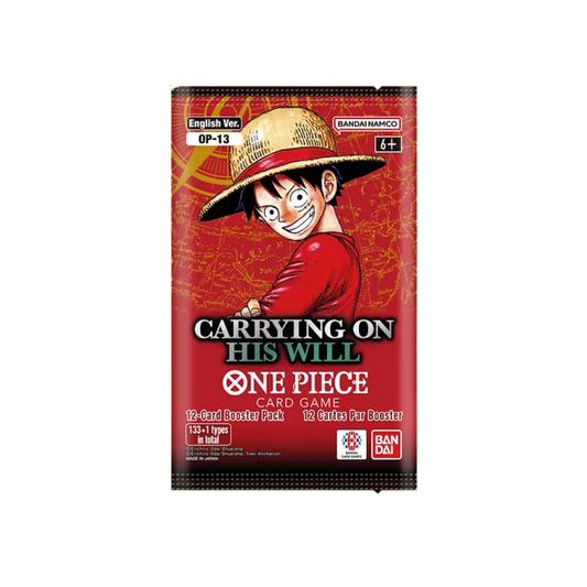 One Piece Card Game OP13 Carrying on His Will Booster Pack med 12 samlarkort.