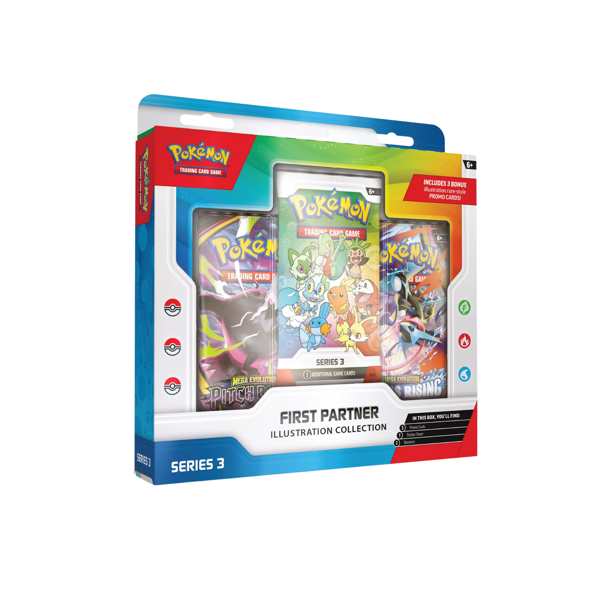 Pokémon TCG First Partner Illustration Collection Series 3 med First Partner Pokémon-kort och Pokémon TCG booster packs.