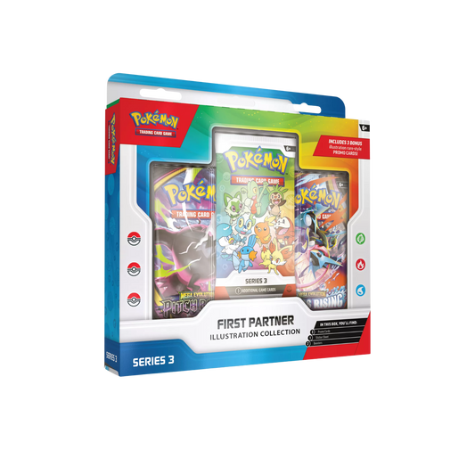 Pokémon TCG First Partner Illustration Collection Series 3 med First Partner Pokémon-kort och Pokémon TCG booster packs.