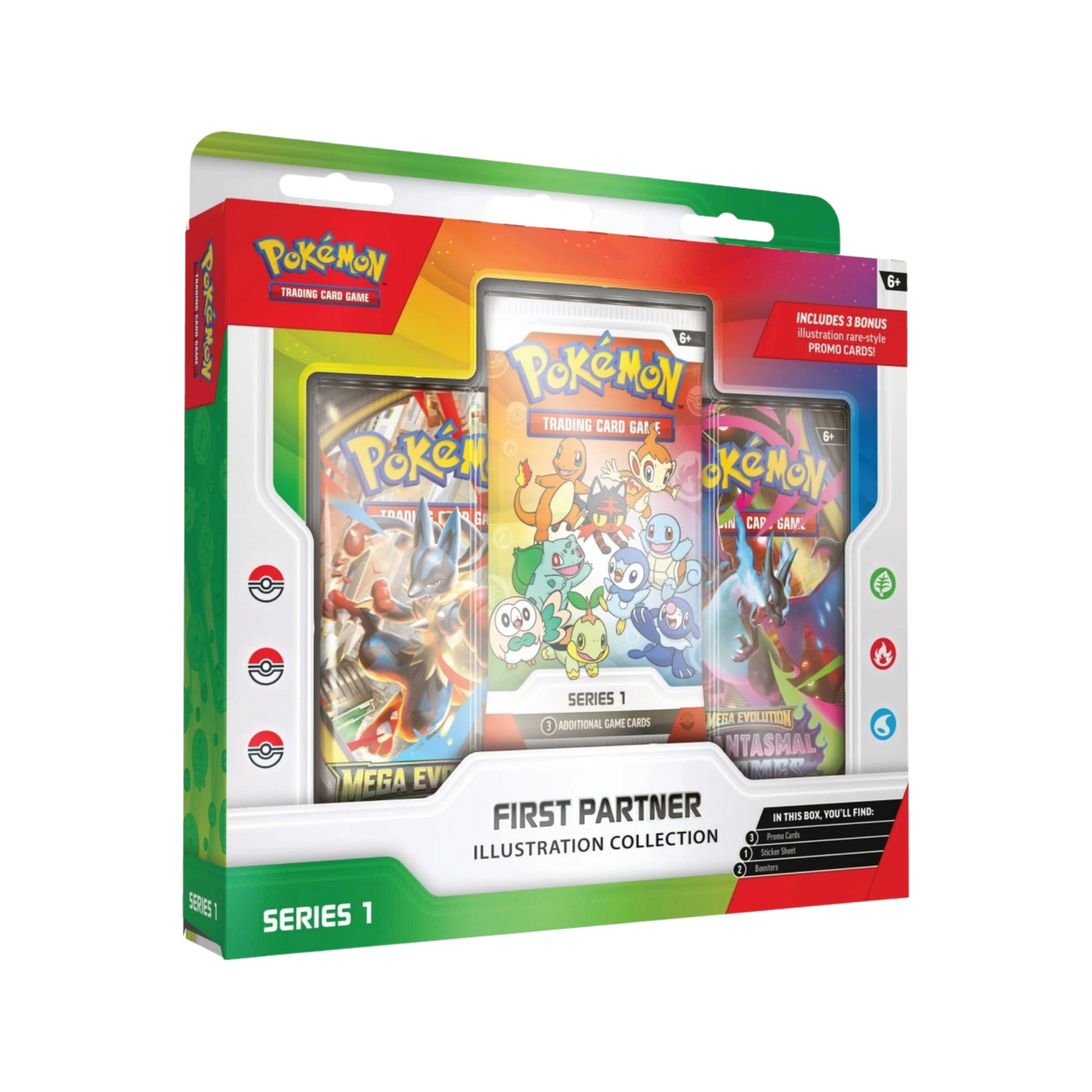 Pokémon TCG First Partner Illustration Collection Series 1 med exklusiva promo-kort och booster packs.