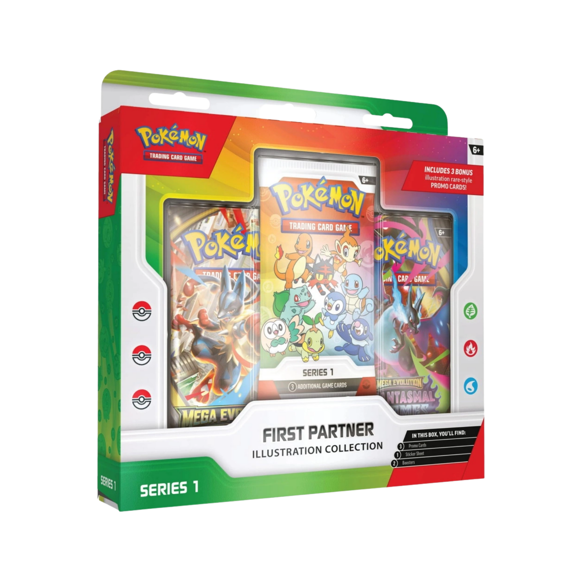Pokémon TCG First Partner Illustration Collection Series 1 med exklusiva promo-kort och booster packs.