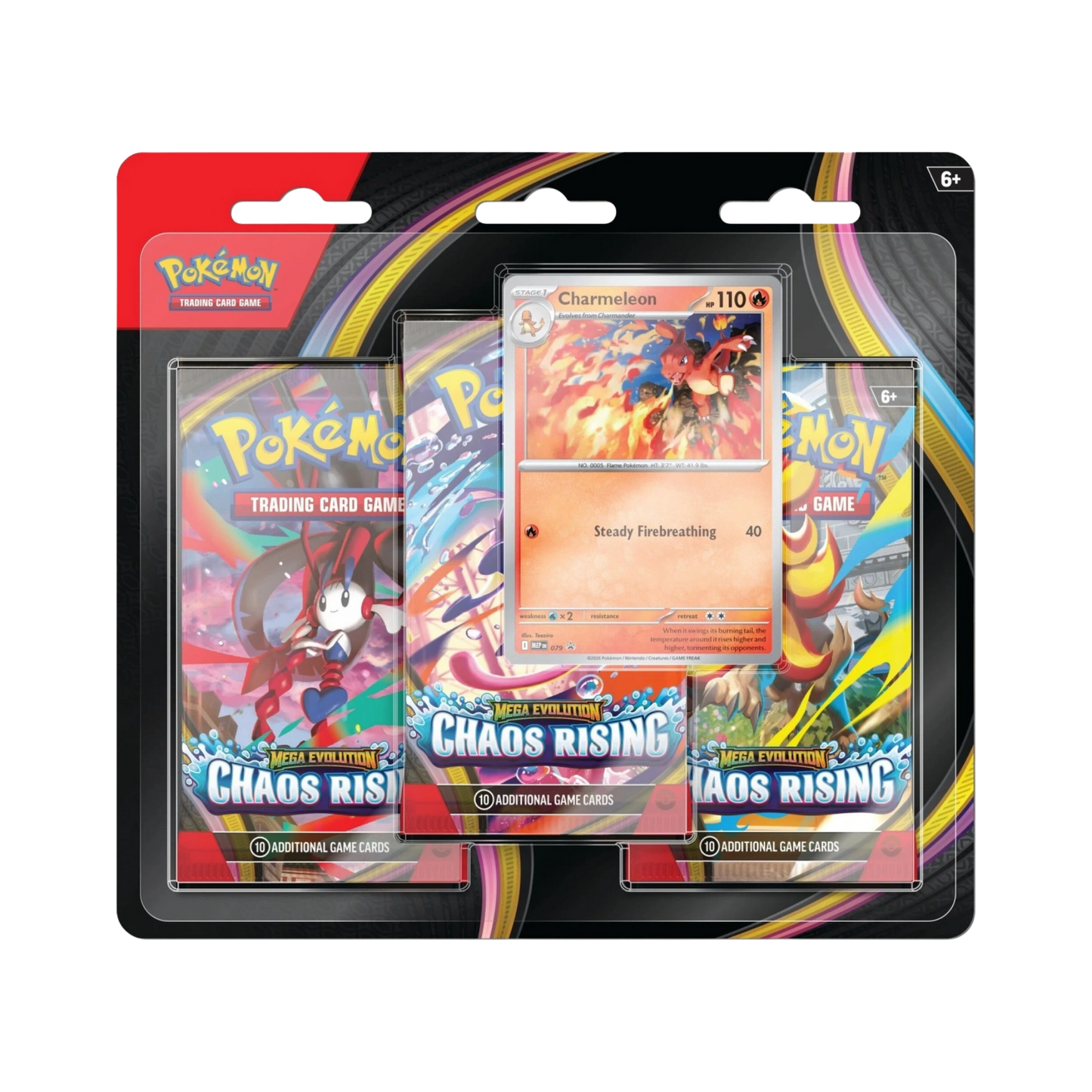 Pokémon Mega Evolution Chaos Rising Triple Blister Pack med 3 booster packs och Charmeleon promo card.
