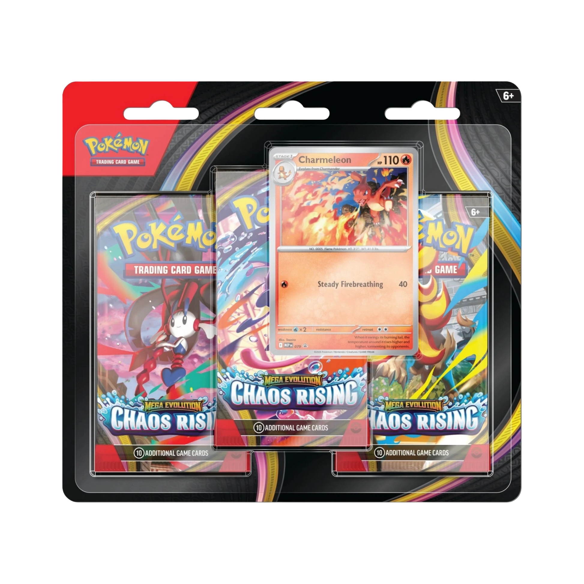 Pokémon Mega Evolution Chaos Rising Triple Blister Pack med 3 booster packs och Charmeleon promo card.
