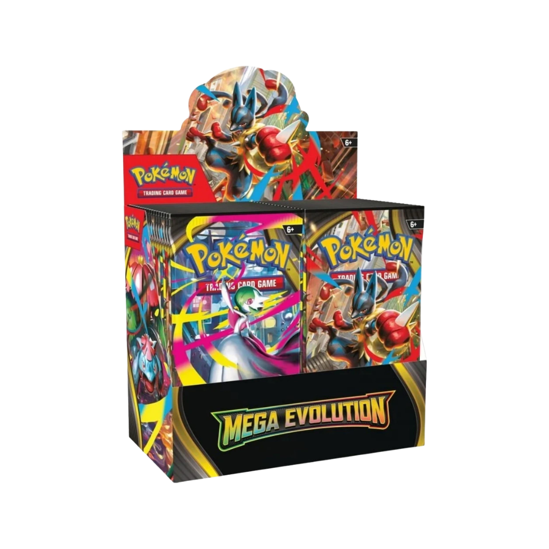 Pokémon Mega Evolution Base Booster Box – engelska originalet med 36 booster packs. Säljs hos PokeTalk, baserat i Göteborg.