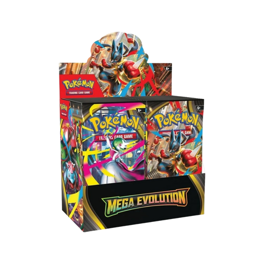 Pokémon Mega Evolution Base Booster Box – engelska originalet med 36 booster packs. Säljs hos PokeTalk, baserat i Göteborg.