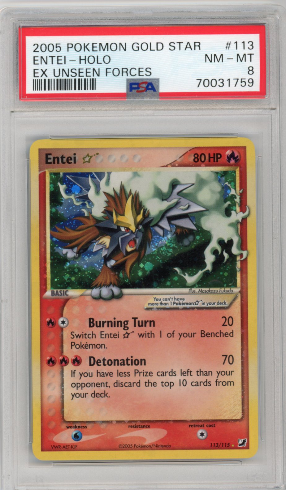 Entei Goldstar Holo - #113/115 PSA 8 - Pokémon EX: Unseen Forces