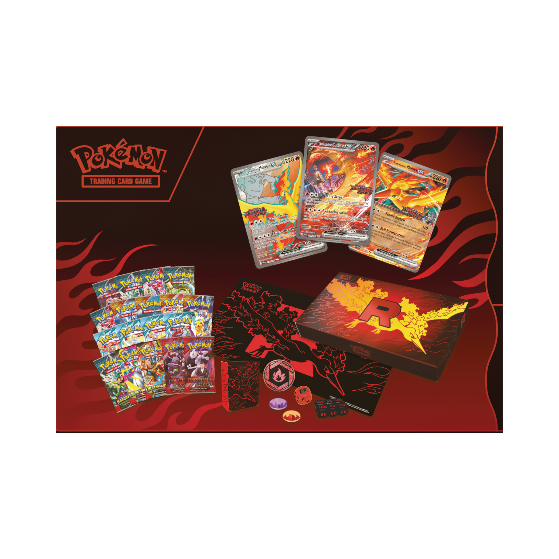 Innehåll i Team Rocket’s Moltres ex Ultra-Premium Collection med promokort och booster packs