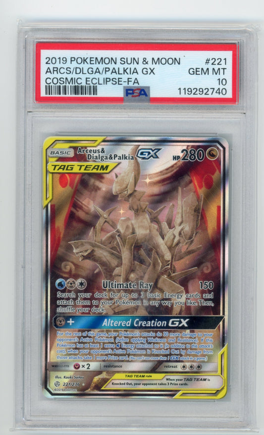  Arceus, Dialga & Palkia GX- #221 PSA 10 - Pokémon Sun & Moon: Cosmic Eclipse